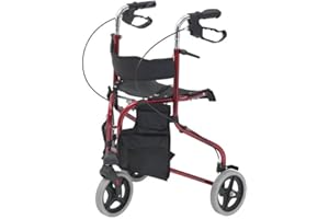 ELITE CARE Tri Walker with seat/Lightweight 3 Wheeled rollator with Brakes and Shopping Bag (Red)