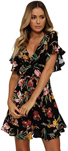 Hevoiok Women Mini Dress, Summer Bohemia Style V Neck Short Sleeve Floral Print Loose Beach Dress (S, Black)