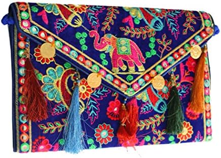 Handmade handbags-crossbody for women Cotton Elephant Embroidery coin work Ethnic Vintage bohemian Tribal Banjara Clutch Purse (blue)