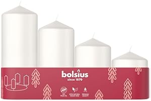 Bolsius Gładkie świece pieńkowe, zestaw 4 sztuk, czas adwentu, białe, różne rozmiary, dekoracyjne świece domowe, długi czas palenia, bezzapachowe, z naturalnym woskiem roślinnym, bez oleju palmowego,