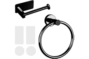 SANEIYA Self Adhesive Toilet Paper Roll Holder and Hand Towel Ring Set for Bathroom - 304 Stainless Steel No Drilling Easy Installation (Black)