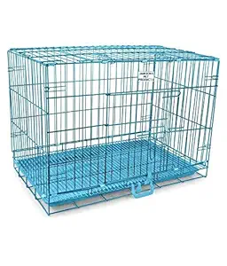 PSK PET MART 30 Inch Sky Blue Double Door Foalding Metal Dog Cage with Removable Tray Paw Protector for Medium Size Dog and Puppy