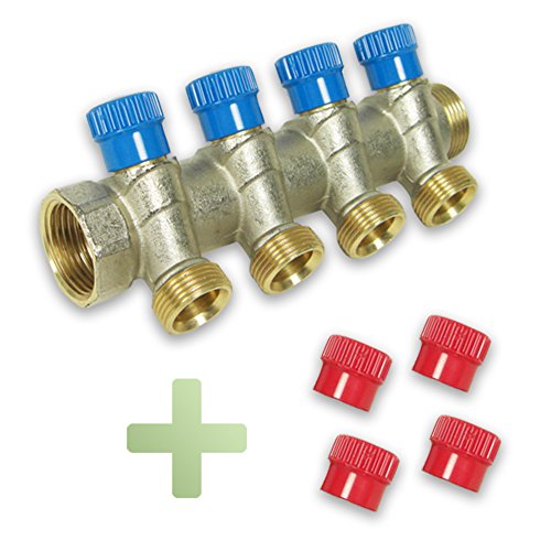 4- fach Messing Verteiler, mit Absperrventil blau, Balken mit [1''IG x 1''AG], 4 Abgänge mit 3/4'' EK (Eurokonusanschluss)