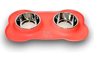 TDL Market Ciotole per Cani e Gatti | Prodotto 3 in 1 con 2 Ciotole in Acciaio Inox e 1 Tappetino Antiscivolo in Silicone a forma di Osso