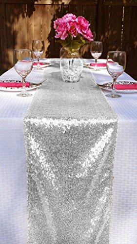 ShinyBeauty Pailletten Tischläufer-30x180cm-Silber - 3