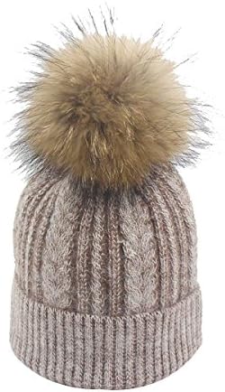 Faux Fur Ball Wool Cap Roll Edge Twist Knit Hat Autumn Winter Warm Cap,01-M