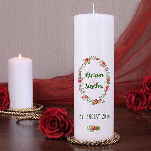 geschenke-online Hochzeitskerze mit Beschriftung der Namen des Paares und Datum mit Blütenkranz - 2