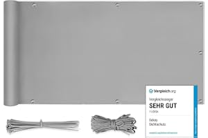 Sekey Balkonginsynsskydd balkongskydd ogenomskinligt vind- och UV-skydd, 100 % integritet, med öljetter, buntband av nylon och snöre, ljusgrå 1,2 × 6 m