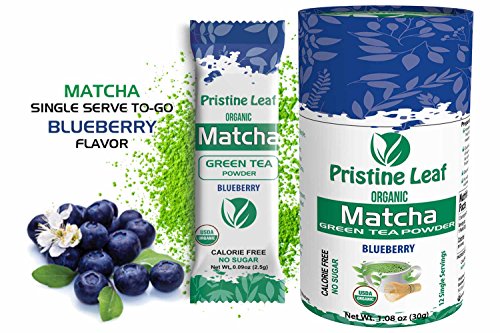 Pristine Leaf | Organic Matcha Green Tea Powder | Blueberry Flavored | 12 Single Serving Packs of 2.5g | Pure Natural | No Sugar | No Fillers | Calorie Free | Vegan | Gluten Free | USDA Organic
