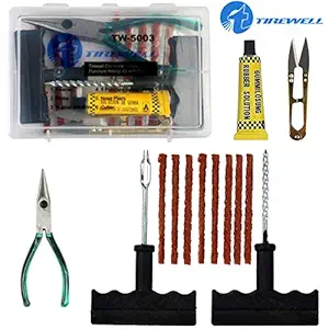 TIREWELL TW-5003 6-in-1 Portable Tubeless Tire Puncture Kit with Storage Box, Emergency Flat Tire Repair Box for Car, Bike, SUV, & Motorcycle