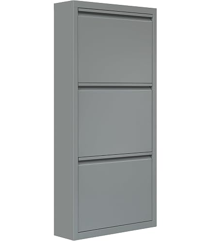 VEEHAUS Étagère à Chaussures, étroite, Haute, Armoire à Chaussures, avec Couvercle magnétique, Montage Mural, en métal (Gris Bleu, 3 1 abattants