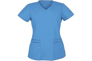 JISUXIAB Scrubs Tops Nurses Shirts for Women Ladies UK V Neck Short Sleeve Plus Size Healthcare Uniforms Medical Beauty Pockets Buttons Tunics Tops
