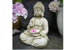 BURGESS HOME & GARDEN Statua di Buddha in pietra ricostituita a forma di loto, decorazione orientale per esterni, decorazione da giardino