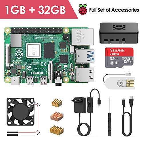 TICTID Raspberry Pi 4 Model B 1GB RAM Starter Kit, RPi Barebone con MicroSD Card 32GB, Tipo C Alimentatore 5V 3A con Interruttore, Ventola, Micro HDMI, Custodia e Lettore di Scheda