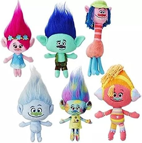 Set of 6 Trolls Plush - Poppy , DJ Suki, Cooper, Guy Diamond, Harper, Branch - 9'' to 11''/ 23-30 cm