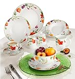 Das Service beinhaltet 6 Suppenteller Ø 22 cm, 6 Speiseteller Ø 27, 6 Kaffeetassen 210 ml, 6 Untertassen, 6 Dessertteller Ø 20 cm, 6 Kaffeebecher, 6 Müslischalen, 1 Platte, 1 Schale, 1 Zuckerdose und 1 Milchkännchen.