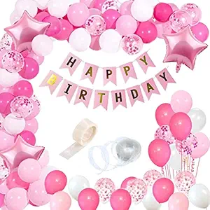 Party Propz Girls Happy Birthday Balloons Banner Decorations Kit Combo- 96Pcs for Girl Kids Baby First Bday Decoration Items/Home Room Decor/Wife Women Celebration/Princess Quarantine Theme Pink