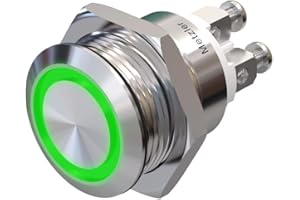 Metzler - Drucktaster 19mm - LED Ringbeleuchtung Grün - IP67 IK10 - Edelstahl - Flach - Schraubkontakte