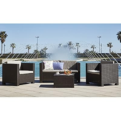 Concept-Usine Salon de jardin Sophie Ii en résine moulée: 2 fauteuils, un canapé 2 places, une table basse chocolat