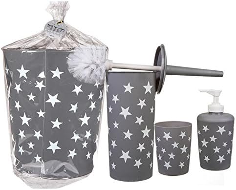 Set of 4 Plastic Bathroom Bath Set With White Star Dustbin, Soap Dispenser, Toilet Brush &amp; Cup Grey