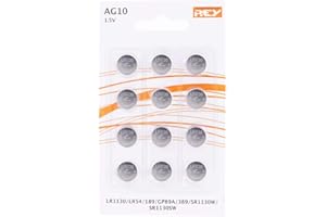 REY Pack de 12 Pilas AG10 1.5V Tipo Botón de Litio, LR1130, LR54, L1131, 189, GP89A, 389, SR1130W, SR1130SW