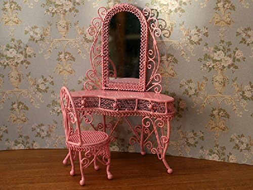 Dolls House Miniature 1:12th Scale Fancy Pink Wire Dressing Table & Chair