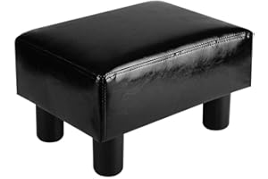 LEITING Small PU Leather Footstool Footrest Foot Stool Ottoman Pouffe Padded Rectangle Seat Chair with Wood Legs (Black)
