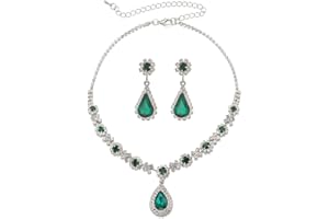 Auriselle Joyas strass novias, conjunto joyas novia 2 piezas, collar colgante forma lágrima, conjunto de pendientes, strass verde esmeralda brillante, collares novia para niñas, verde