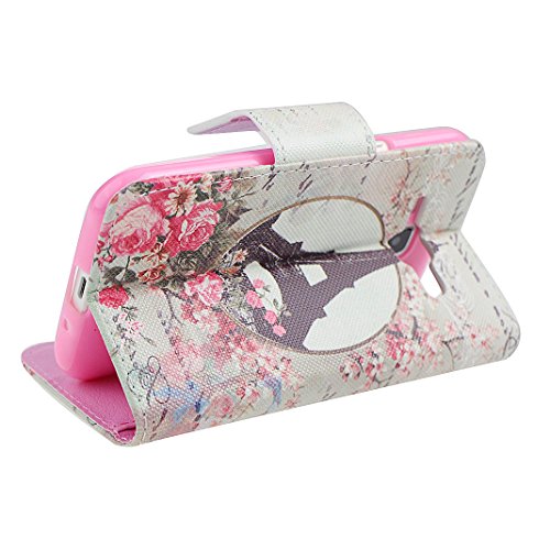 Hülle Galaxy J1 2015 Rosa Leder Etui,Moon mood® PU Leder Schutzhülle für Samsung Galaxy J1 (4.3 Zoll)(Not for Samsung Galaxy J1 2016) TPU Innere 3 Kartenfächer Bunte Malerei Standfunktion Handytasche (Paris Eiffelturm Pink Blume Spiegel) - 5