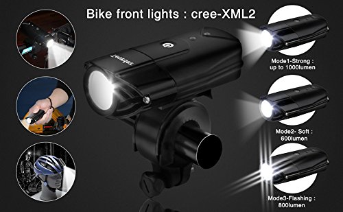 Fahrradbeleuchtung,Teorder Led Fahrradbeleuchtung Set USB(LED Fahrradlicht Front / Fahrrad Frontlicht / Fahrradscheinwerfer / Fahrradleuchte / Fahrradlampen / Bike Light / Bicycle Lights), Led fahrradbeleuchtung vorne Wasserdicht, Wiederaufladbare akku led Cree XML2, aufladbar 2000mAh batterie,1000 lumen led fahrradlicht, 4 Licht-Modi Set, Touch-Dimmung Schalter, mit Montagewinkel zubehör & 1xUSB-Aufladbare-Kabel,Schwarz - 6