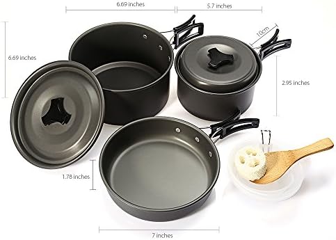 Outdoor Camping Cookware Set: Bowl Packing bag Soup spoon Rice ladle Cleaning loofah Non-stick Anodized Aluminum Pot、Lid( Big and Medium) and Pan Lightweight and Compact Suits For 2~3 Person.