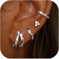 Boucles D'Oreilles Femme Adramata - 4 Paires Plaqué Or/Argent - Créoles Et Tige - Pour Cartilage, Tragus