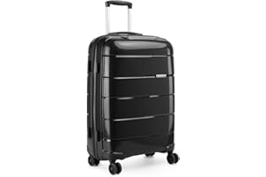 Kono Twarda, polipropylenowa walizka na 4 koła z wbudowanym zamkiem TSA z zamkiem błyskawicznym YKK, czarny, M (65cm - 66L), Sztywne walizki polipropylenowe Lekki zestaw bagażu 4 kółka z zamkiem TSA