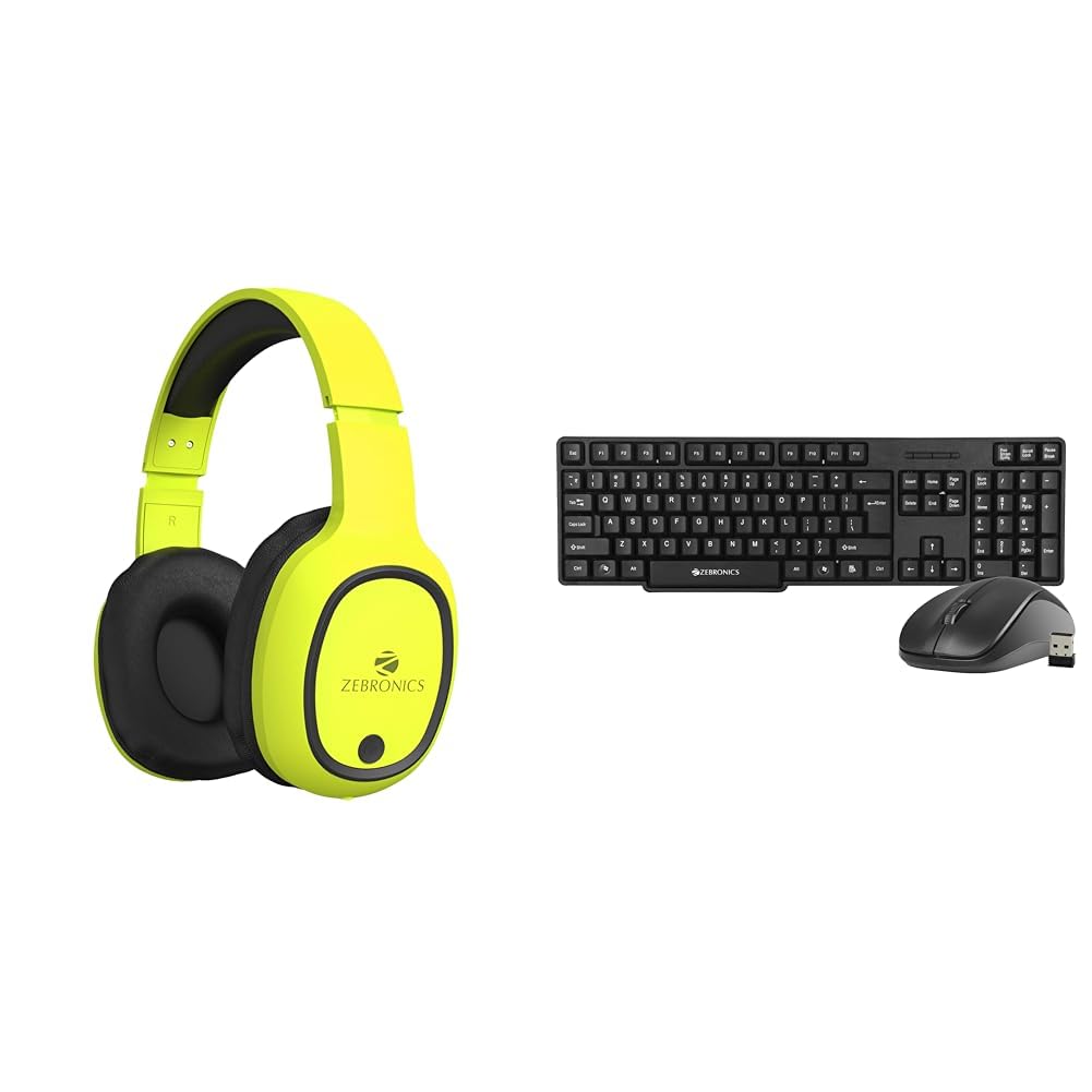 ZEBRONICS Thunder Bluetooth Wireless On Ear Headphone FM, mSD, 60hrs Playback with Mic (Neon Yellow)