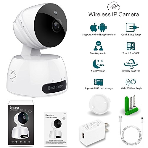 Telecamera IP intelligente wireless Besteker Wifi Telecamera di sicurezza domestica HD 720P con audio bidirezionale, rilevamento del movimento, visione notturna per uso interno ed esterno (bianca)