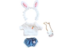 niannyyhouse Ropa de muñeca de peluche de 20 cm, tocado de conejo, pantalones, mochila, suéter de zanahoria, figuras de peluche, accesorios de juguetes