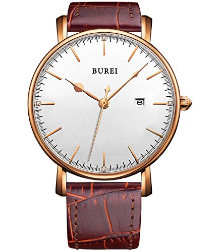 BUREI Unisex Ultradnnes Groes Ziffernblatt Rotgold Lnette Datum Quarz Armbanduhr mit braunem Kalbslederarmband weies Ziffernblatt BUREI Unisex Ultradnnes Groes Ziffernblatt Rotgold Lnette Datum Quarz Armbanduhr mit braunem Kalbslederarmband weies Ziffernblatt