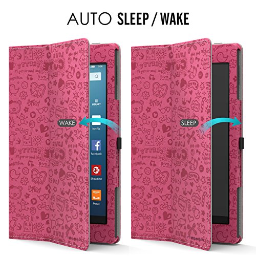 MoKo Hülle für Fire HD 2016 8 Zoll – Kunstleder Ständer Schutzhülle Smart Cover mit Auto Schlaf / Wach Funktion und Stift-Schleife für Fire HD Tablet (Vorherige 6. Generation – 2016), Cutie Charm Magenta - 8