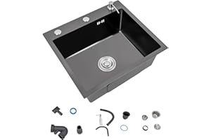 HAUTOUR Fregadero de acero inoxidable negro 50x 45 cm Fregadero de cocina Fregadero encastrado 1 cubeta Fregadero independiente incl juego de desagüe y dosificador de jabón para cocinas y oficinas