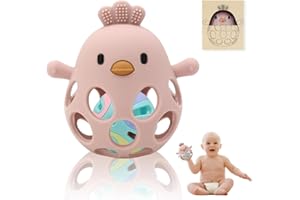 M MARIE MADELEINE EMPORIUM Pollito Sonajero y Mordedor, Sonajero bebé 0-3 meses, Mordedor Bebé 6-12 meses, Mordedores Bebe, Teether Baby, Montessori, Juguete bebe, Regado recien nacido (Rosa con Bolita)