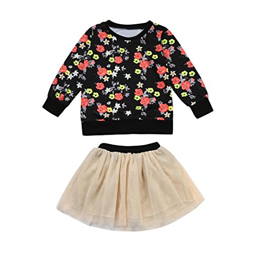 Preisvergleich Produktbild Longra Kleinkind Kinder Baby Mädchen Outfit Kleidung mit Blumen Langram Sweatshirts Pullover T-Shirt Tops + Solid Prinzessin Tutu Rock Baby Kleider Set(0-3 Jahre) (110CM 24Monate, Black)