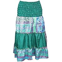 Mogul Interior Women's 2 in 1 Skirt Patchwork Green Printed Upcycled Sari Cruise Wear S/M