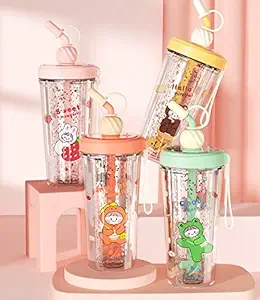 Toyshine Glitter Water Bottle Tumbler Sipper Cup, Freefalling Design, Reuseable Plastic Cup with Lid and Straw - 400 ML - Pink