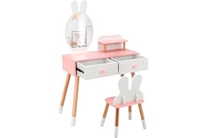 LIFEZEAL Tocador Infantil para niñas 3+, Juego de tocador con Taburete, Mesa de Maquillaje con Espejo en Forma de Conejo, Mesa Escritorio de Madera con 3 cajones y Estante（Blanco）