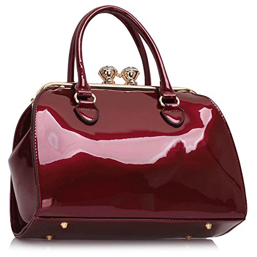 Women Patent Leather Designer Inspired Handbag with Metal Frame (Burgundy)