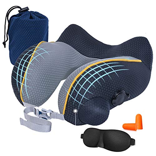 Preisvergleich Produktbild Lucear Reisekissen ideal für Reisen Nackenkissen Nackenhörnchen mit Unterstützung Aufblasbares Nackenkissen mit egomorphes Design Weiche Nackstützenkissen mit Free Schlafmaske (Grau1)