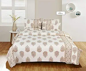 D Imports Thick Cotton Double Bedsheet Set White Shade with Light Brown Printed Design Colour Comes with 1 Double Bedsheet Size 90*100, 2 Pillow Covers