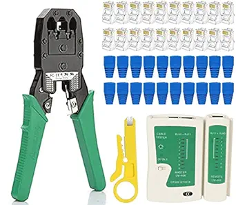FEDUS RJ45 Crimping Tool Kit Ethernet Crimp Tool Set RJ-11 6P/RJ-12 8P/RJ-45 Crimp crimping tool, 1 Network Cable Tester, Cut and Strip Tool with 50PCS RJ45 CAT5 CAT5e Cat6 Connectors, 50PCS strain relief connector Boot Covers