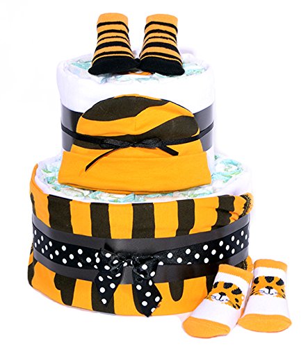 Tiger Stripes Jungle safari Unisex Baby Shower Nappy Cake Hamper Gift - FAST & FREE DELIVERY!