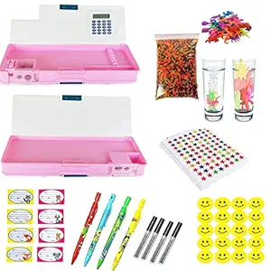 IMTION Special Kit 7 in 1 ( Pencil Box with Calculator Atached + 80 Star Sticker + Water Ball +10 Growing Animals + Smile Striker 35 + 1 Mechanical Pencil + Name Slip 8 Pcs) Double Sided Open